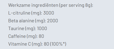 Tabel met werkzame ingredienten van Accelerate pre-workout per dosering van 8 gram: L-citrulline, beta-alanine, taurine, cafeine en vitamine C