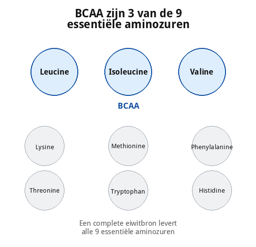 BCAA zijn 3 van de 9 essentiele aminozuren